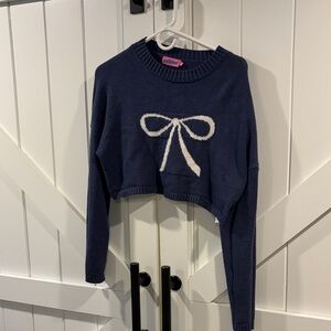 Edikted Navy Crop Sweater with White Bow Motif